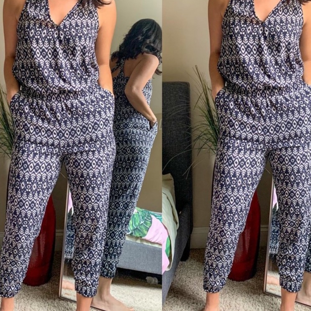 Loft Navy & White Patterned Jumpsuit